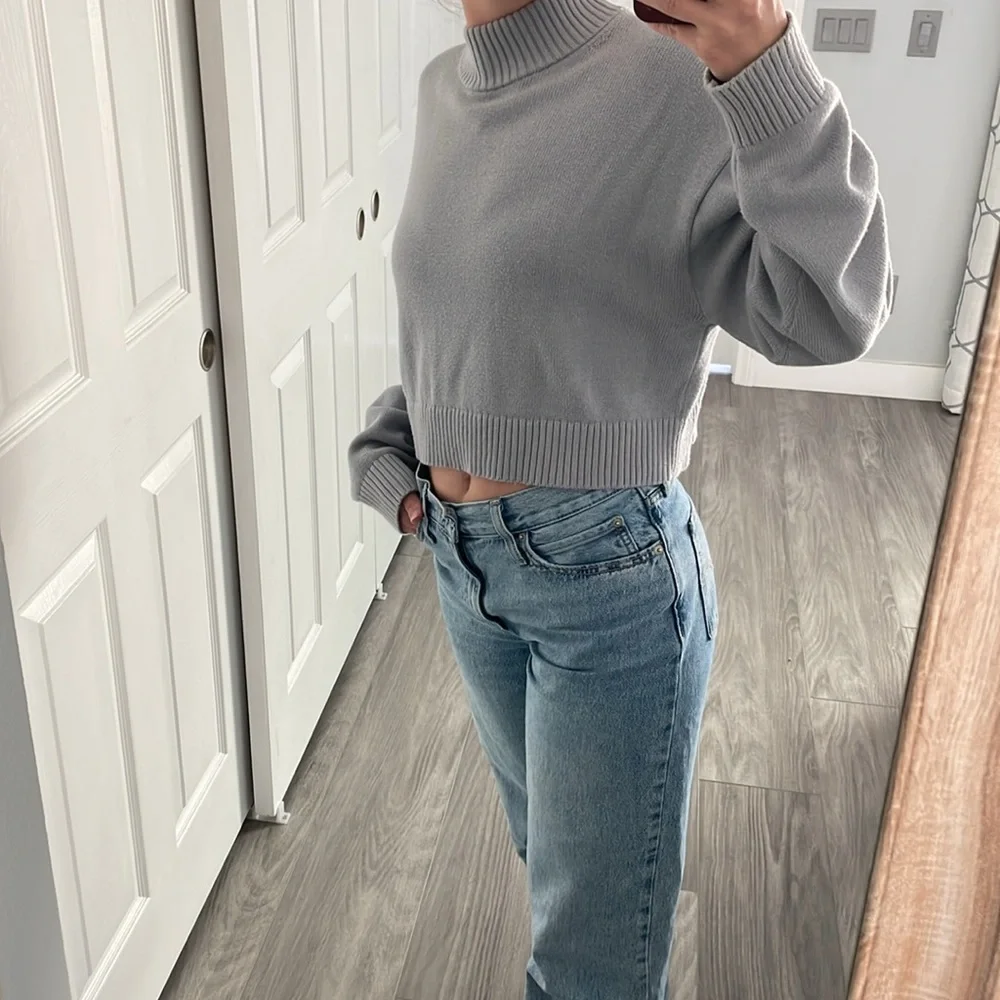 Sunday Best Mock Neck Cropped Sweater Blue - Picture 4 of 7